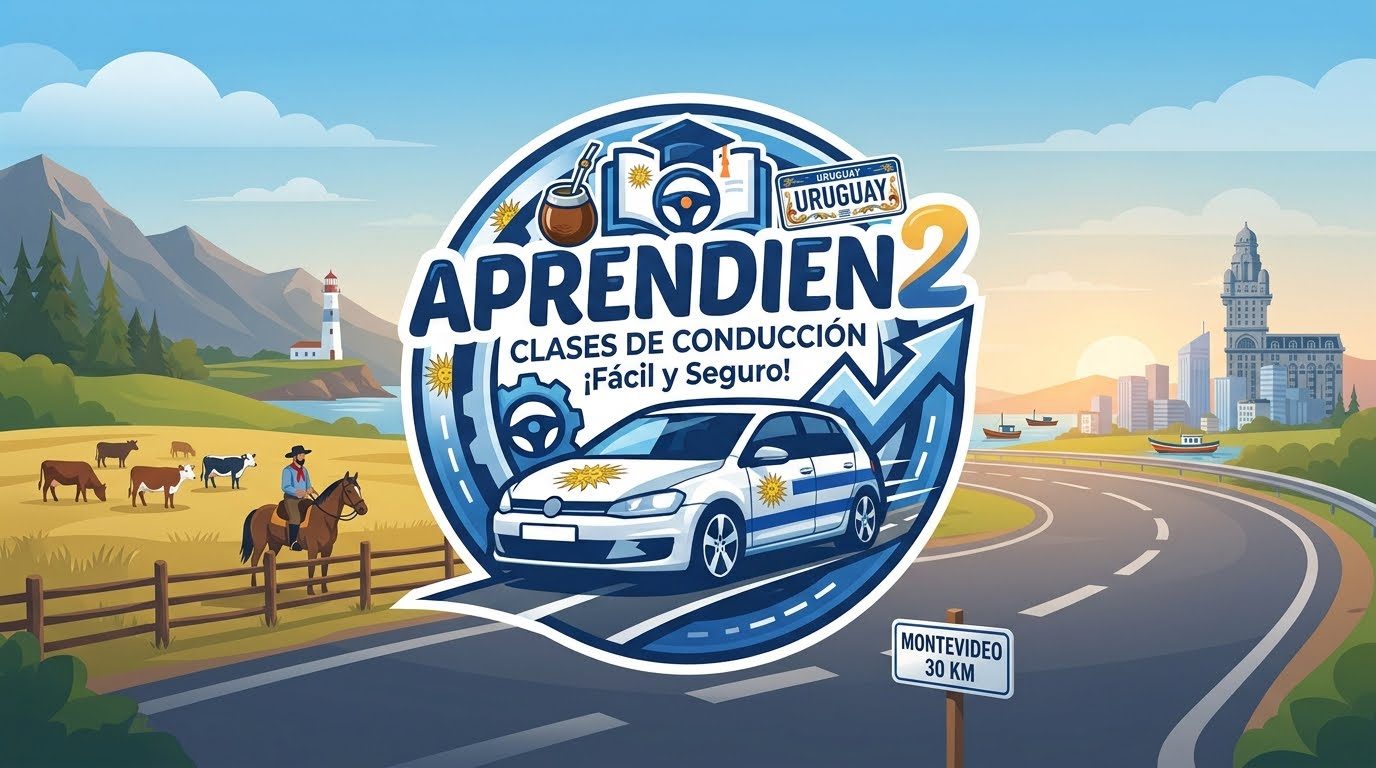 Aprendien2, clases de conducción fácil y seguro: un auto recorre una ruta uruguaya con el mate, la placa y el mapa de Montevideo de fondo.